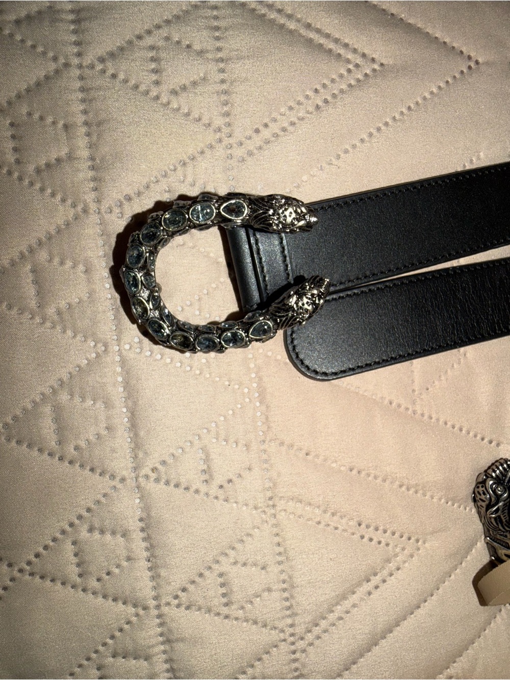 Gucci Dionysus Black Leather Statement Belt with Jeweled Silver Buckle